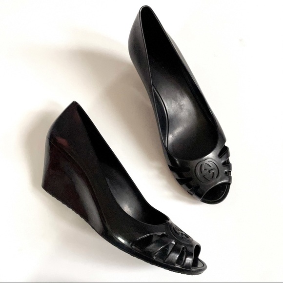 Gucci Shoes - Gucci Black Marola Rubber Jelly Wedges Open Toe